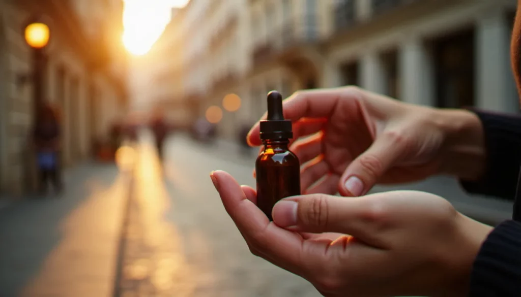 Flacon d'huile CBD tenu dans les mains d'une personne dans une rue française, illustrant la recherche de cbd cerca de mí en contexte urbain