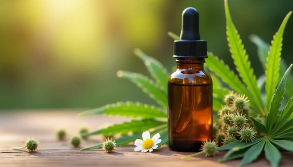 Flacon d'huile de CBD posé sur une surface en bois entouré de feuilles de chanvre séchées, illustrant ce qu'est le CBD