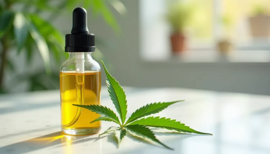 Flacon d'huile CBD discount posé sur marbre blanc avec feuille de chanvre, éclairage naturel doux