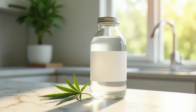 Bouteille d'eau enrichie en CBD posée sur un plan de travail en marbre avec des feuilles de chanvre, illustrant le concept de CBD eau