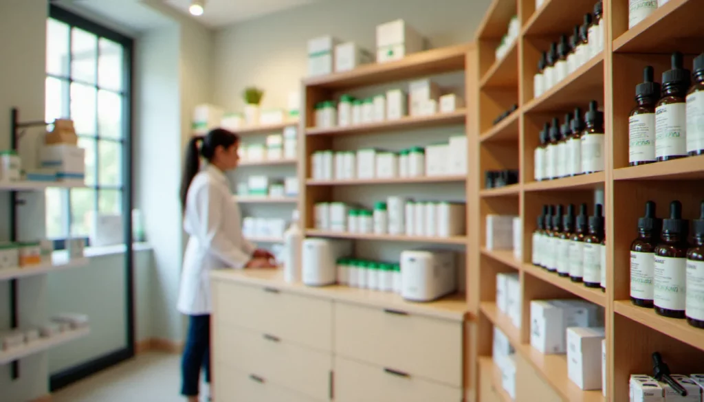 Intérieur d'une pharmacie française avec des produits CBD en rayon, incluant des flacons d'huile de CBD et un pharmacien en blouse blanche