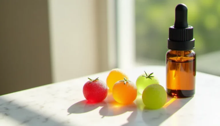 CBD gummies colorés en forme de fruits posés sur un plan de travail en marbre blanc, à côté d'un flacon compte-gouttes ambré contenant de l'huile de CBD