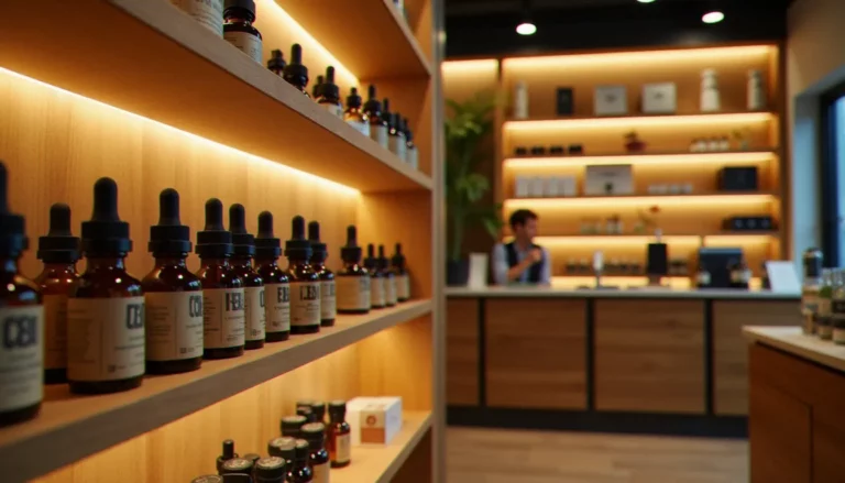 Intérieur d'une boutique CBD à Montpellier avec huiles et produits exposés sur des étagères en bois sous un éclairage chaleureux