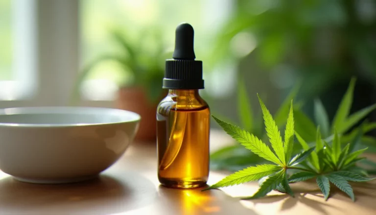 Flacon compte-gouttes d'huile de CBD dorée posé sur une surface en bois naturel avec des feuilles de chanvre vert, illustrant la cbd oil