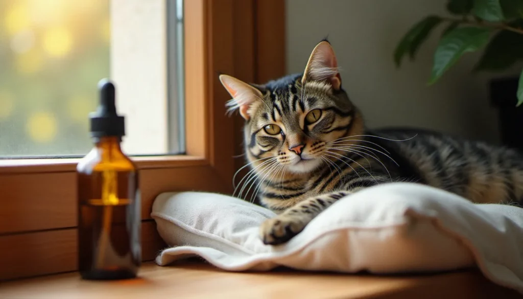 Un chat tigré allongé sur un coussin près d'une fenêtre ensoleillée, à côté d'un flacon compte-gouttes d'huile CBD pour chat