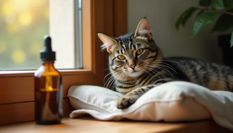 Un chat tigré allongé sur un coussin près d'une fenêtre ensoleillée, à côté d'un flacon compte-gouttes d'huile CBD pour chat