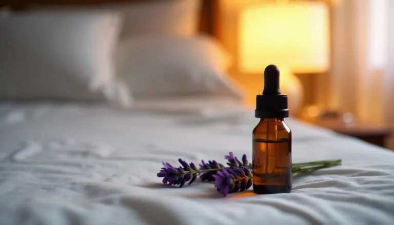 Flacon d'huile de CBD posé sur une table de nuit en bois clair, éclairage tamisé, évoquant l'utilisation du CBD pour dormir