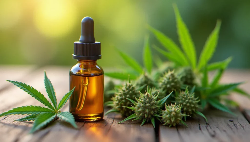 Fleurs de CBD et huile sublinguale posées sur une surface en bois, illustrant les produits CBD disponibles à Rouen