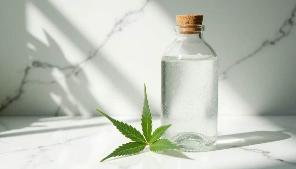 Bouteille d'eau au CBD posée sur un plan de marbre blanc avec des feuilles de chanvre, illustrant le concept de cbd'eau