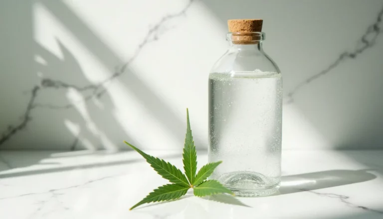 Bouteille d'eau au CBD posée sur un plan de marbre blanc avec des feuilles de chanvre, illustrant le concept de cbd'eau