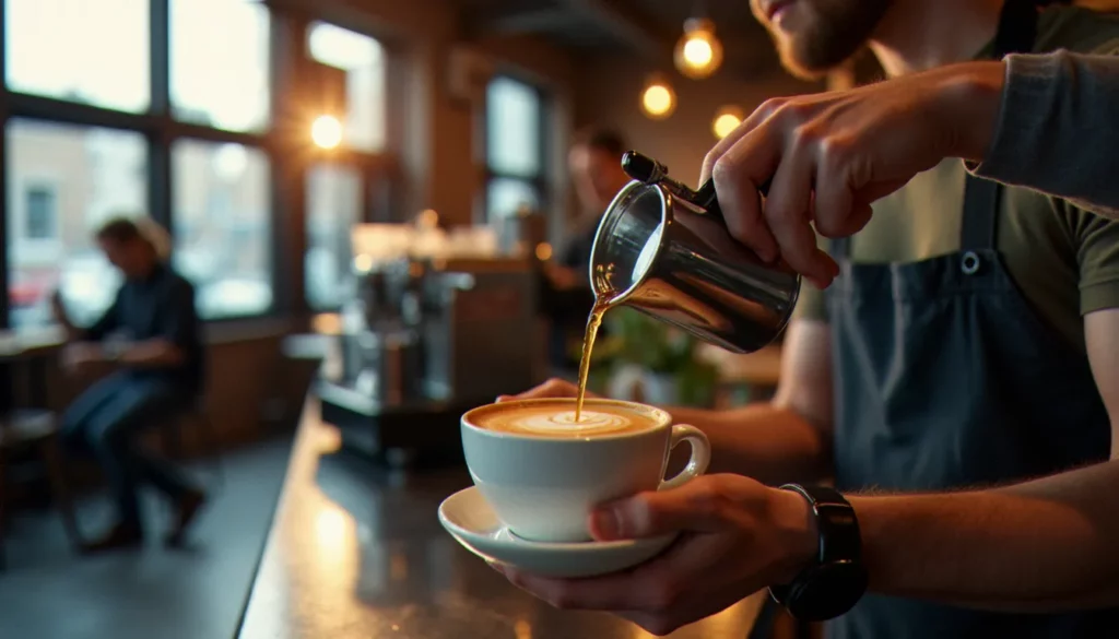 Barista préparant un coffee in Melbourne CBD dans un café de spécialité au design industriel, lumière naturelle matinale