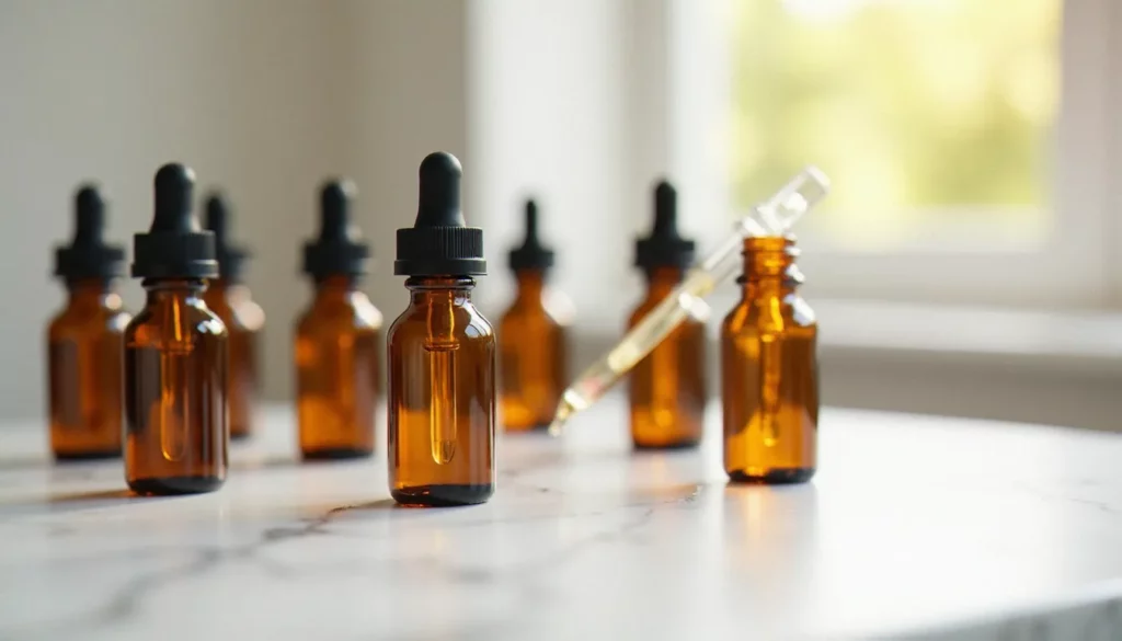 Plusieurs flacons d'huile CBD en verre ambré disposés sur un plan de travail en marbre blanc, illustrant une sélection de produits destock CBD