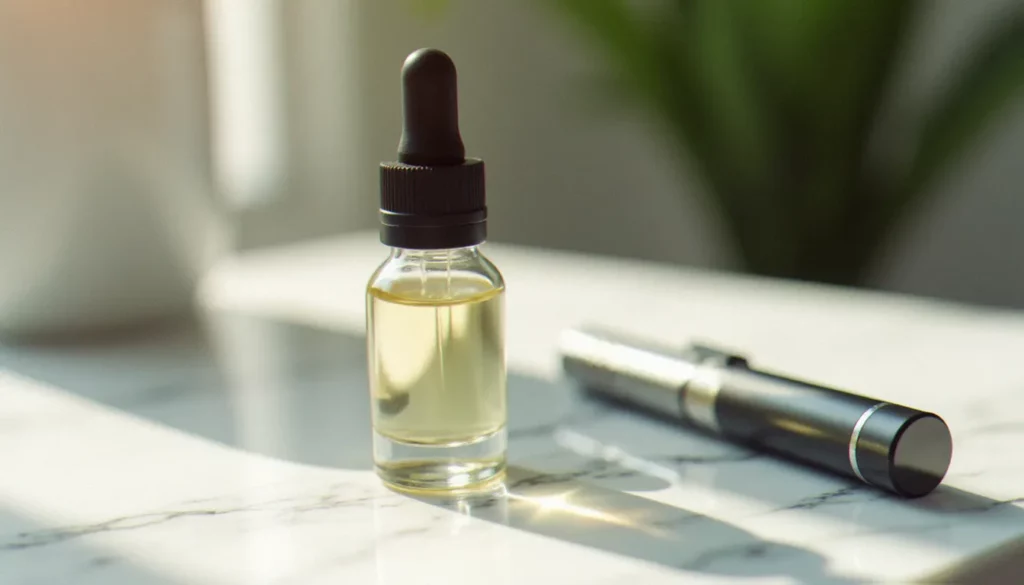 Flacon d'e liquide CBD transparent avec pipette posé sur marbre blanc à côté d'une cigarette électronique moderne, lumière naturelle douce