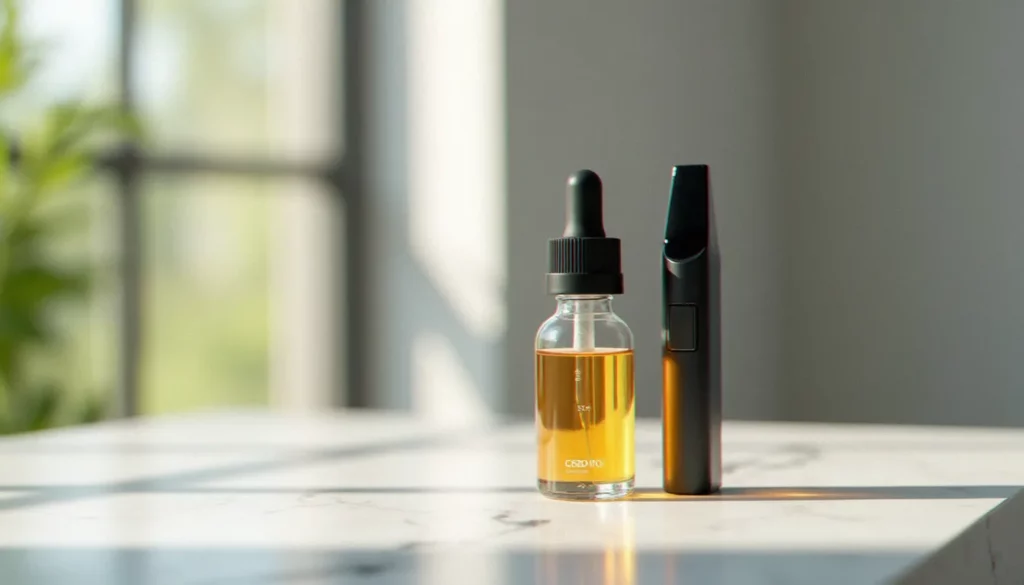 Flacon d'e-liquide CBD haute concentration posé sur un plan de travail en marbre blanc à côté d'un pod de vapotage moderne, illustrant le choix d'un e-liquide CBD puissant