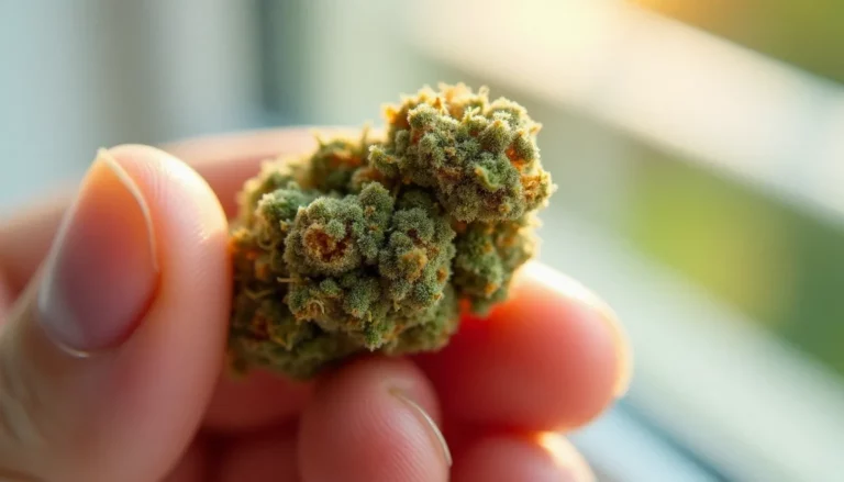 Fleur CBD séchée tenue entre les doigts avec trichomes visibles, éclairage naturel