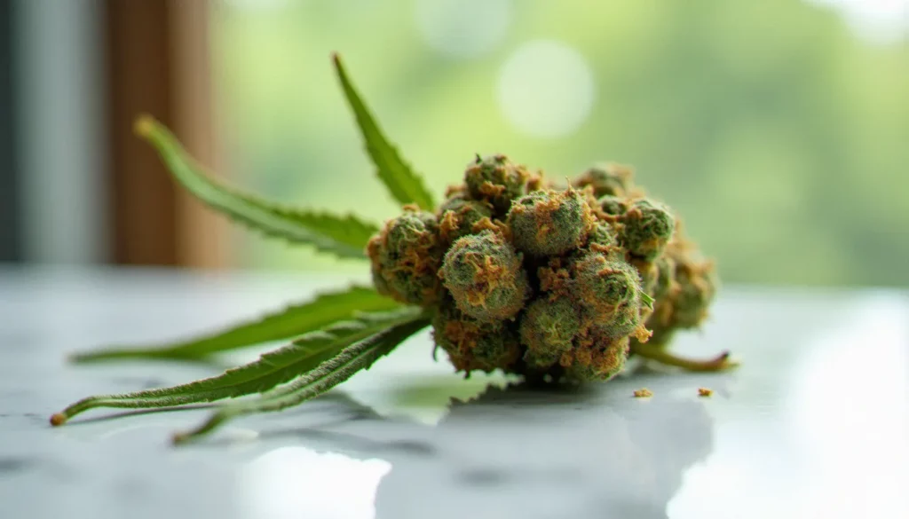 Fleur de CBD séchée en gros plan sur marbre blanc, trichomes dorés visibles, éclairage naturel latéral