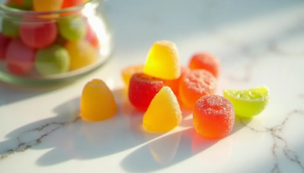 Gummies CBD colorés en forme de fruits disposés sur une surface en marbre blanc, éclairage naturel doux