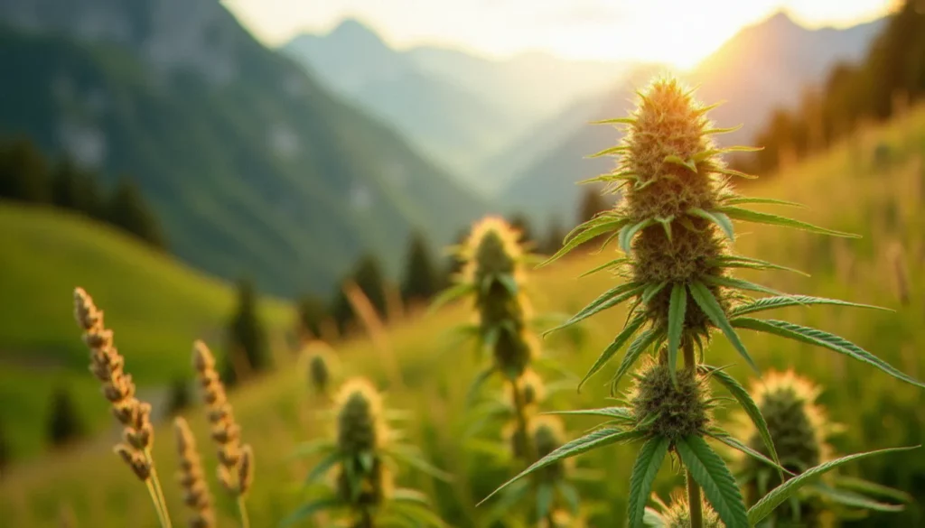 Fleurs de cannabis CBD suisse en gros plan dans une vallée alpine, lumière dorée de fin d'après-midi, illustration du mot-clé info cbd ch