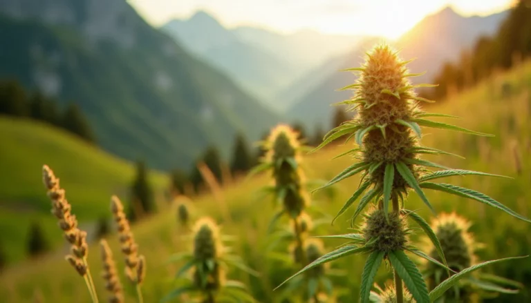 Fleurs de cannabis CBD suisse en gros plan dans une vallée alpine, lumière dorée de fin d'après-midi, illustration du mot-clé info cbd ch