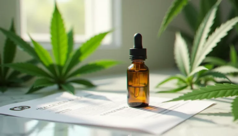 Flacon d'huile CBD en verre ambré posé sur du marbre blanc avec des feuilles de chanvre et un certificat d'analyse — produit de l'as du cbd