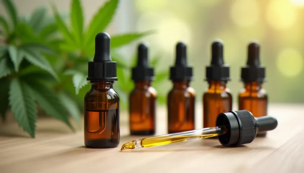 Flacons d'huile de CBD discount en verre ambré posés sur une surface en bois, illustrant le marché du cbd discount