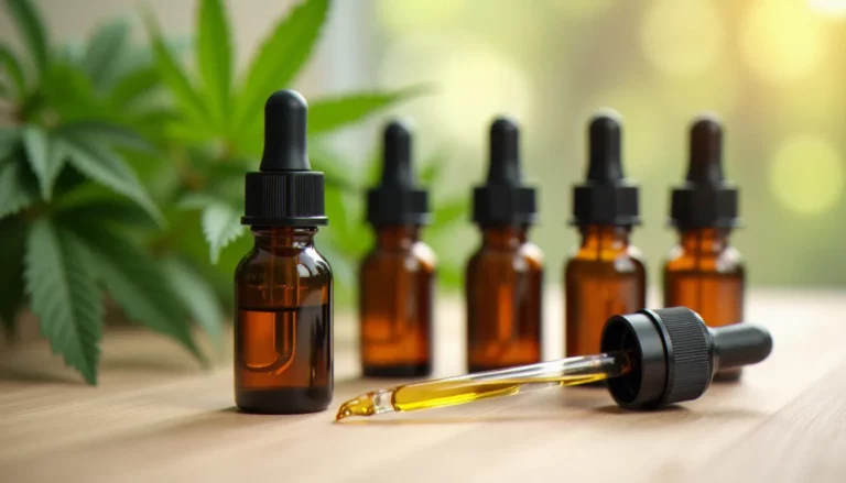 Flacons d'huile de CBD discount en verre ambré posés sur une surface en bois, illustrant le marché du cbd discount