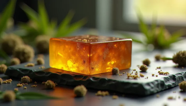 Bloc de résine CBD brun ambré posé sur une ardoise naturelle entouré de fleurs de chanvre séchées, éclairage naturel latéral