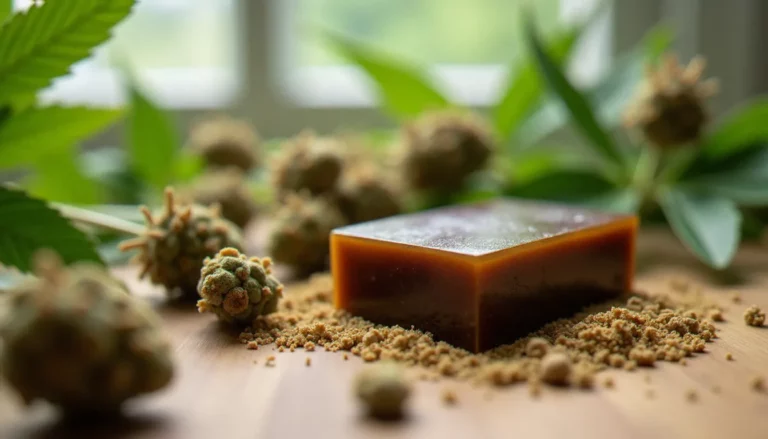 Bloc de résine CBD brun foncé posé sur une surface en bois naturel, entouré de fleurs de chanvre séchées, lumière naturelle douce