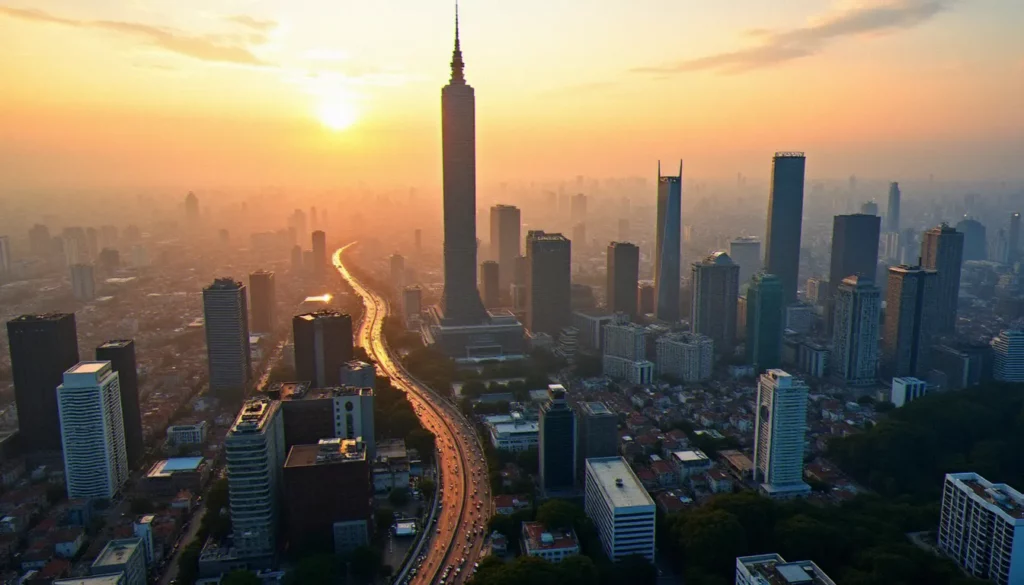 Vue aérienne du skyline de Taipei au coucher du soleil avec la tour Taipei 101, illustrant la capitale taïwanaise dans le contexte du taipei CBD