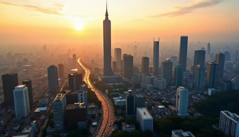 Vue aérienne du skyline de Taipei au coucher du soleil avec la tour Taipei 101, illustrant la capitale taïwanaise dans le contexte du taipei CBD