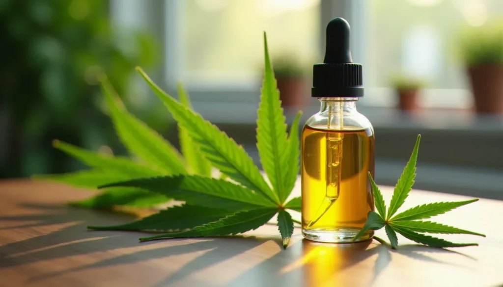 Flacon d'huile de cannabidiol CBD dorée avec feuilles de chanvre sur fond bois, éclairage naturel