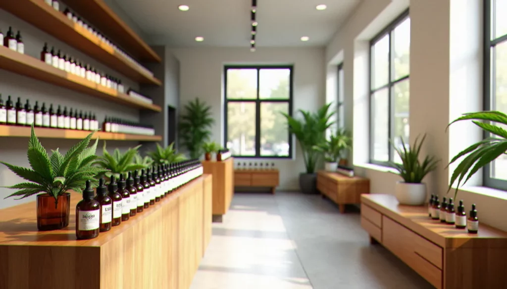Intérieur d'une boutique CBD à Toulouse avec des flacons d'huile de cannabidiol alignés sur des étagères en bois sous un éclairage naturel