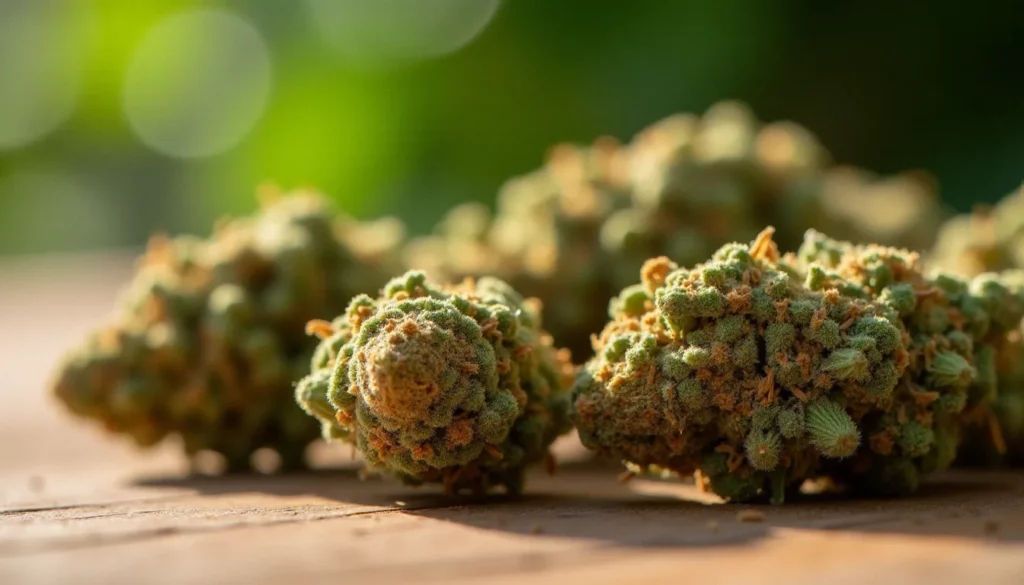 Fleurs CBD séchées aux trichomes visibles posées sur une surface en bois naturel, éclairées à la lumière du jour