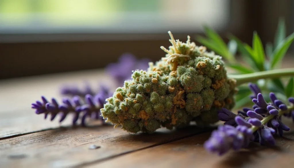 Fleur de CBD dense couverte de trichomes blancs posée sur une surface en bois, illustrant la qualité et la richesse en cannabinoïdes des fleurs de chanvre