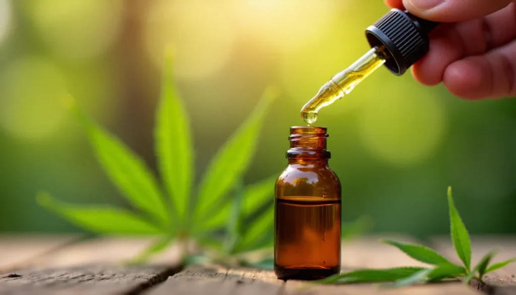 Flacon compte-gouttes d'huile de CBD dorée tenu à la main avec des feuilles de chanvre en arrière-plan flou