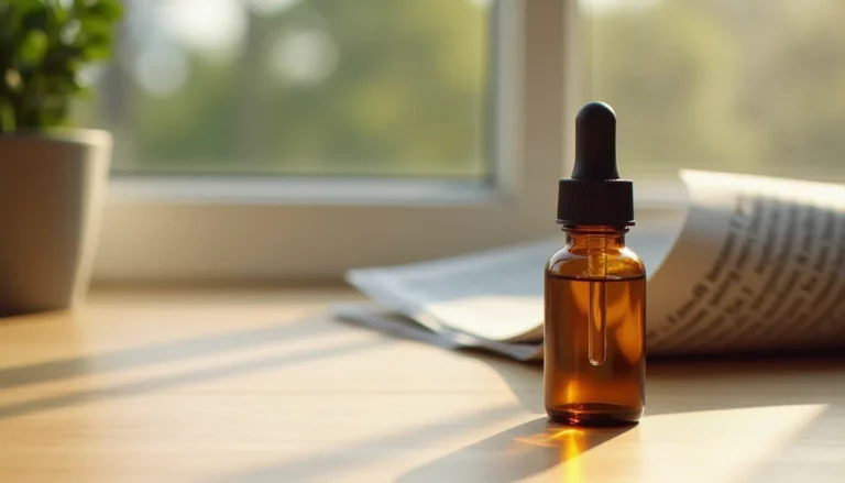 Flacon d'huile de CBD posé sur une table en bois clair, évoquant le débat sur le CBD interdit en France