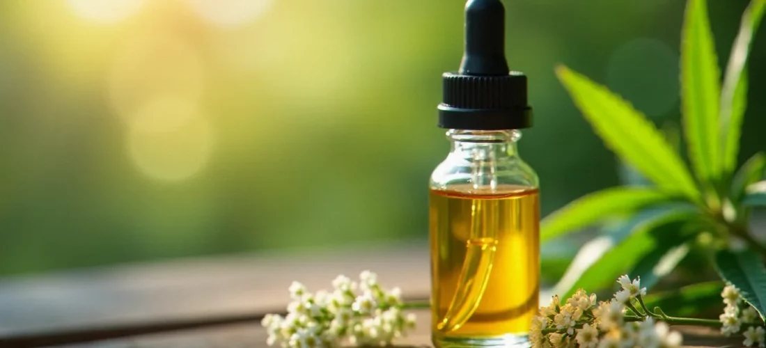Flacon d'huile de CBD dorée avec des feuilles de chanvre, illustrant les produits d'un as du CBD