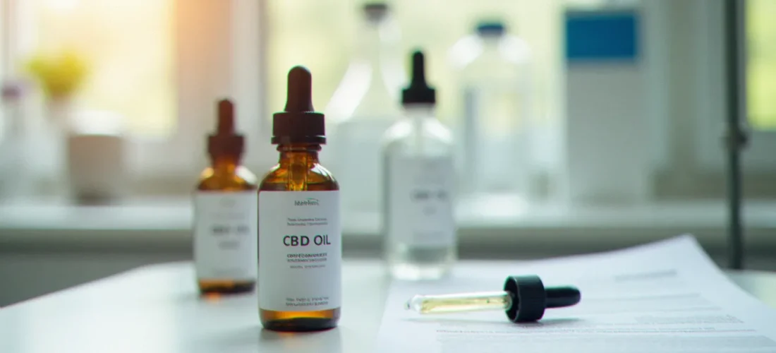 Flacon d'huile de batch CBD avec numéro de lot visible sur l'étiquette posé à côté d'un certificat d'analyse imprimé sur une surface de laboratoire blanche