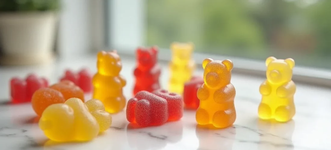 Bonbons CBD gélifiés colorés disposés sur marbre blanc, éclairage naturel