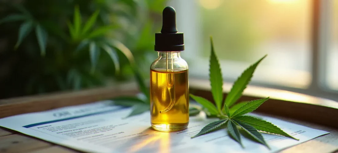 Flacon d'huile CBD avec feuilles de chanvre et certificat d'analyse, illustrant l'importance de l'origine dans une boutique CBD sérieuse