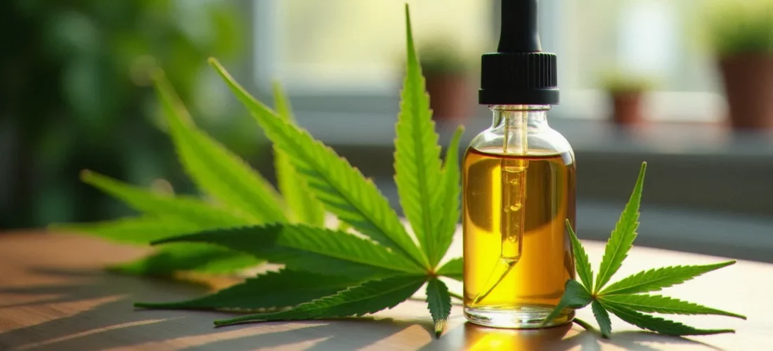Flacon d'huile de cannabidiol CBD dorée avec feuilles de chanvre sur fond bois, éclairage naturel