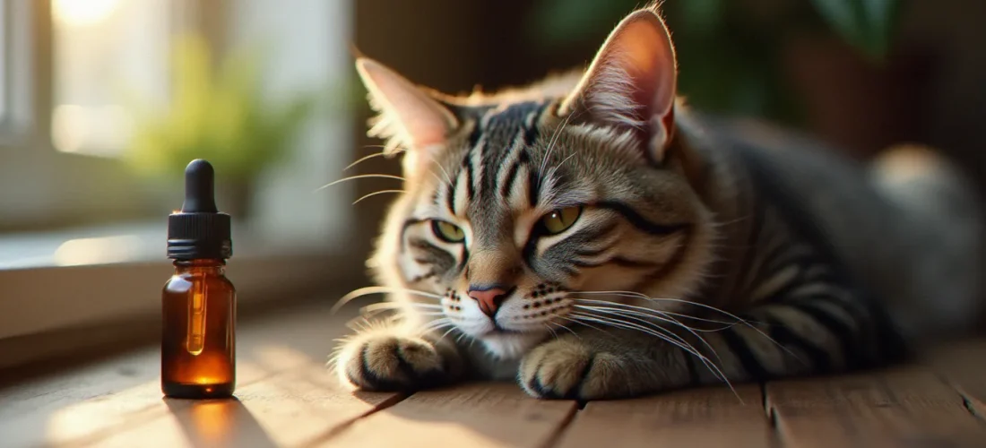 Un chat domestique détendu allongé près d'un flacon compte-gouttes d'huile de cat CBD sur une table en bois, illustrant l'usage du cannabidiol pour félins