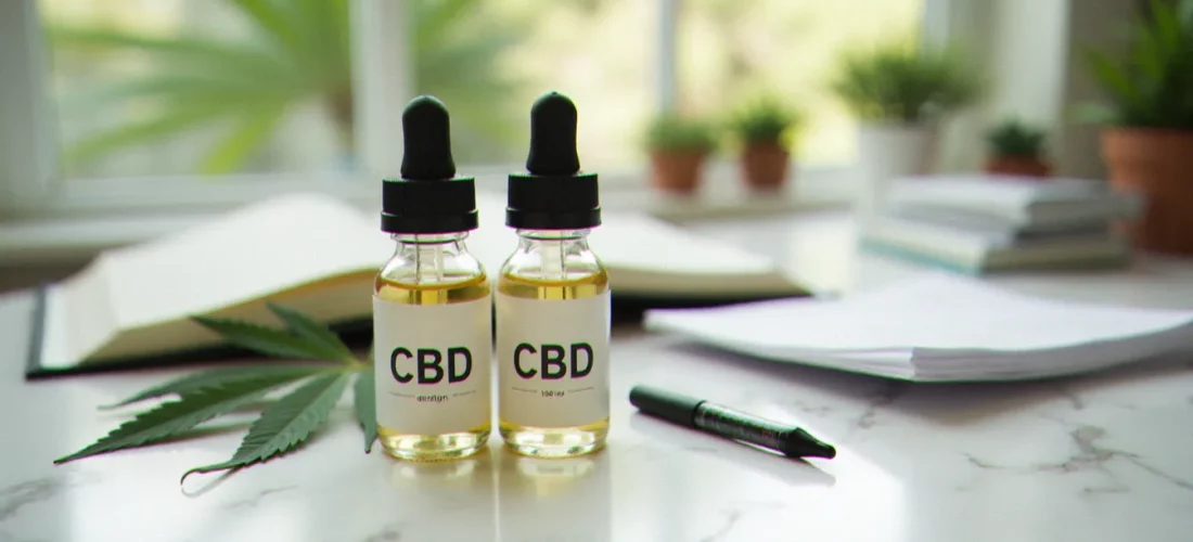 Deux flacons de cannabinoïdes CBC et CBD posés côte à côte sur du marbre blanc, représentant la comparaison cbc cbd avec des feuilles de chanvre en arrière-plan