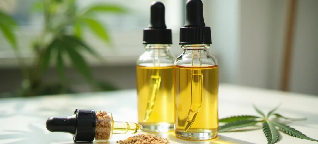 Deux flacons d'huile de chanvre à spectre complet contenant du CBC et du CBD posés sur une paillasse de laboratoire avec des feuilles de chanvre et des cristaux de cannabinoïdes