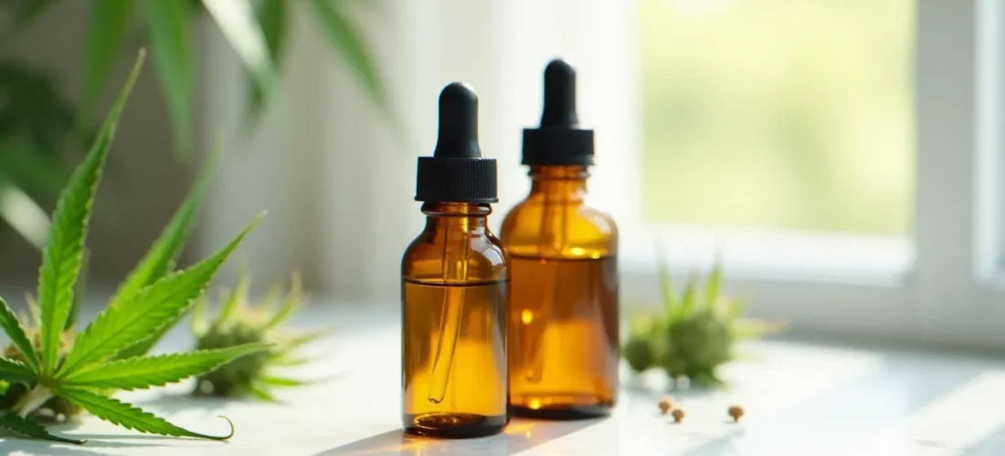 Comparaison cbc vs cbd illustrée par deux flacons compte-gouttes en verre ambré posés sur du marbre blanc, entourés de feuilles de chanvre fraîches sous une lumière naturelle douce
