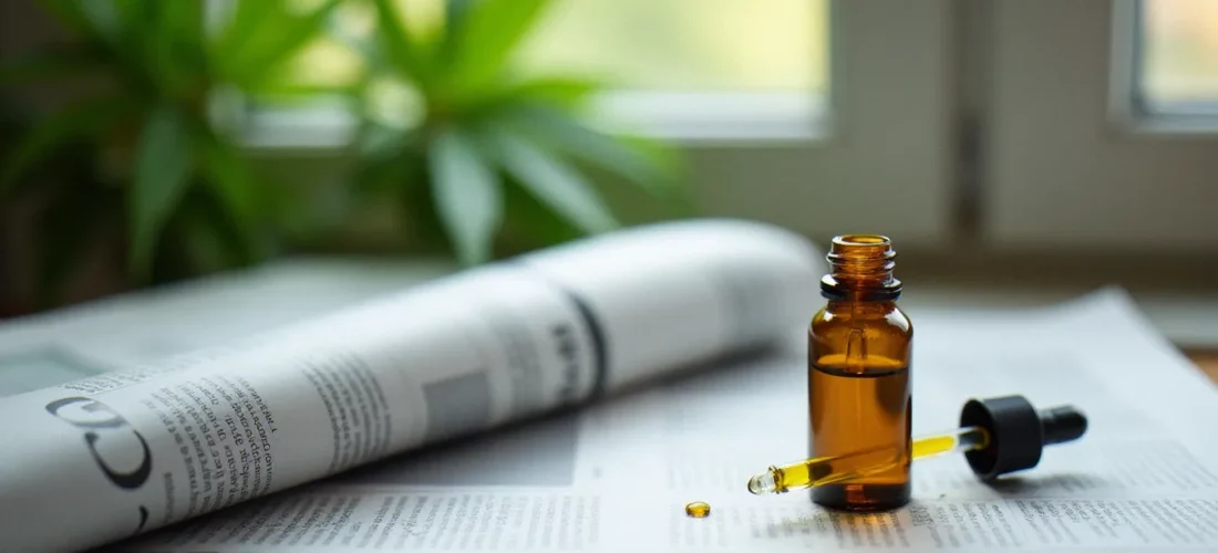 Site d'information cbd-actu.ch illustré par une huile CBD posée sur un journal suisse, représentant l'actualité CBD en Suisse