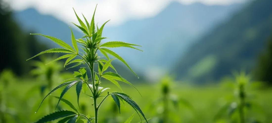 Plant de chanvre CBD en fleur devant un paysage suisse montagneux, évoquant l'actualité du marché cbd-actu.ch