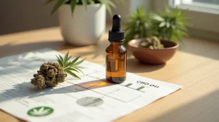 Flacon d'huile de CBD bio en verre ambré accompagné de fleurs de chanvre et d'un certificat d'analyse sur une table en bois clair.