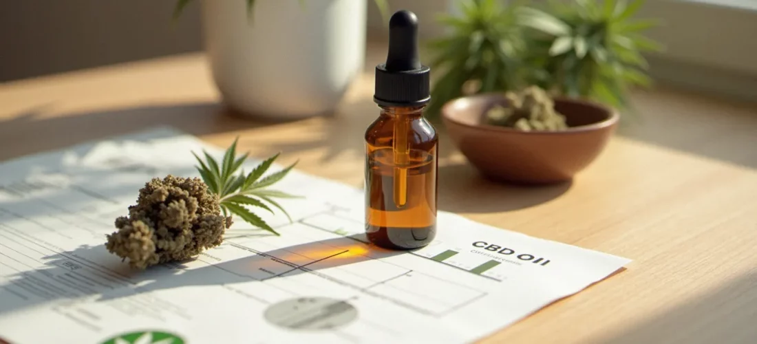 Flacon d'huile de CBD bio en verre ambré accompagné de fleurs de chanvre et d'un certificat d'analyse sur une table en bois clair.