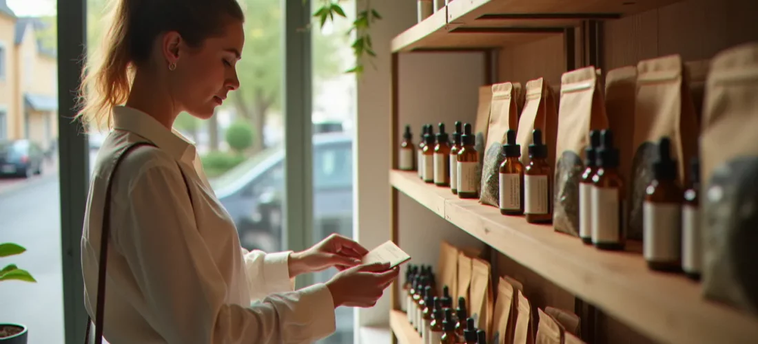Intérieur d'un CBD bio shop à Caen avec des pots d'huile et des fleurs de chanvre bio sur des étagères en bois, un client examine une étiquette